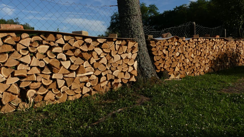 Neatly stacked firewood logs lined up along a garden fence under blue sky