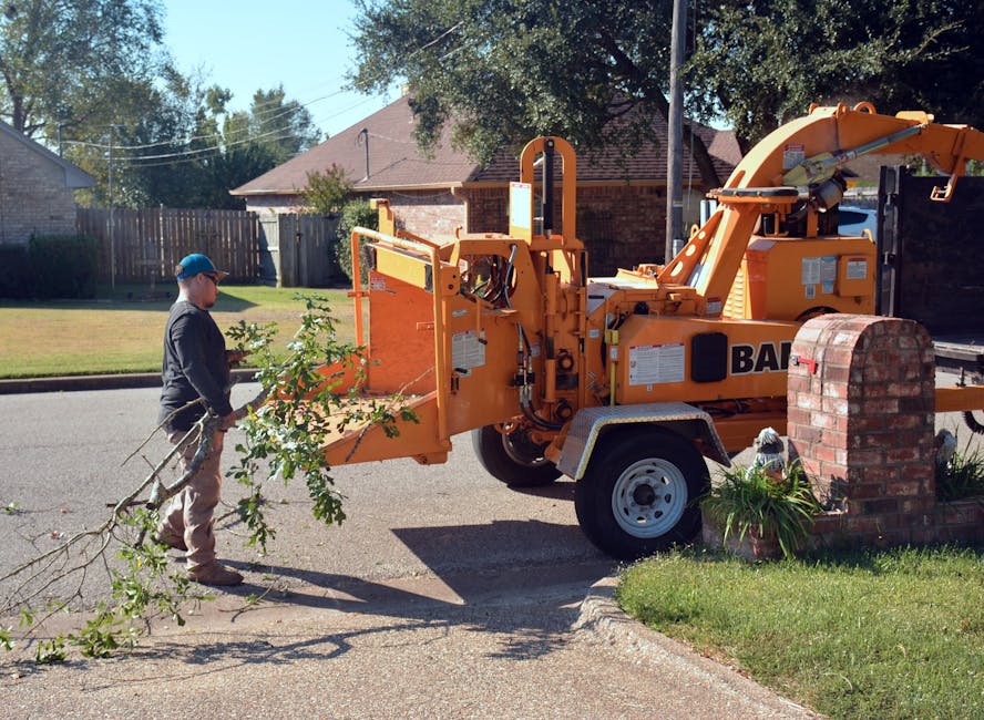 Ground crew worker feeding cut branches into a wood chipper during a residential tree removal